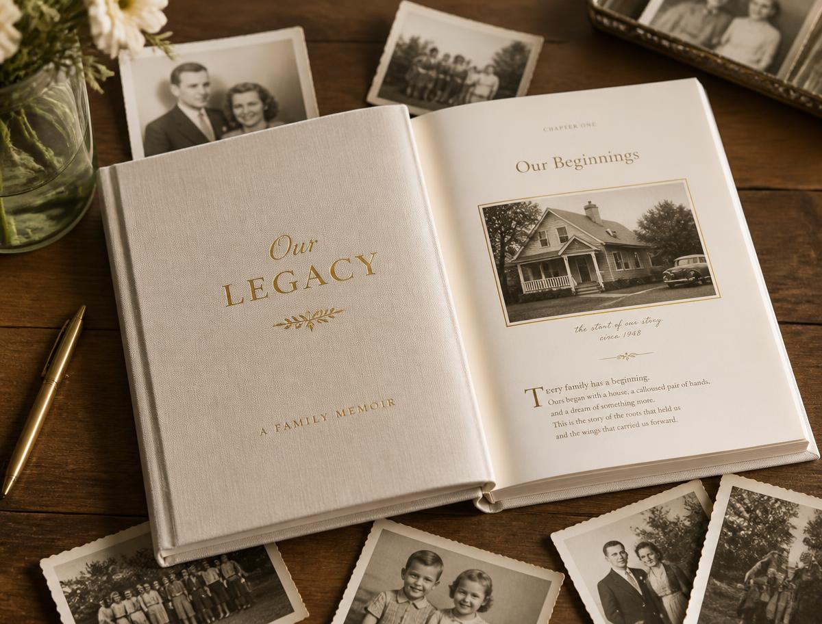 A linen-bound legacy memoir book open beside old family photographs