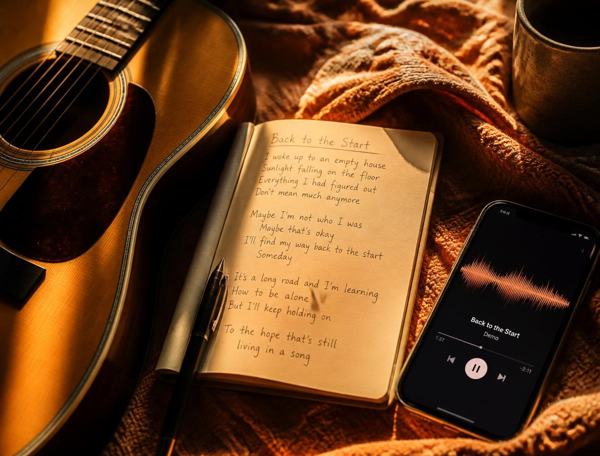 Handwritten song lyrics beside an acoustic guitar in warm light